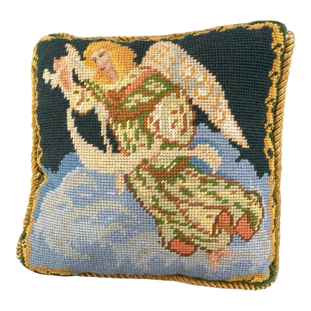 Needlepoint Petit Point Pillow Angel Blue Velvet‎ Zip Backing Gold Corded Edge